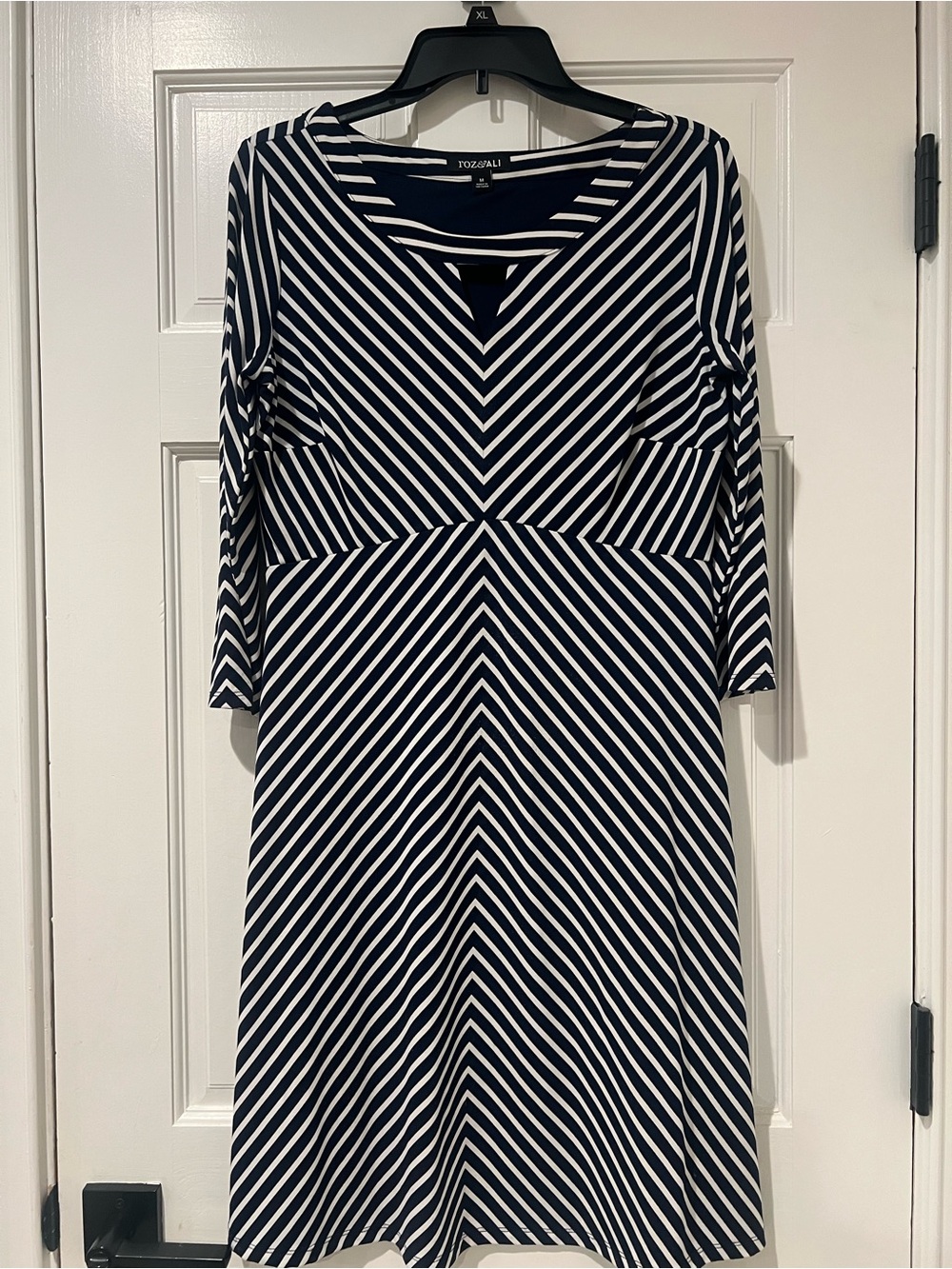 Roz & Ali Navy and White Chevron Stripe Long Sleeve Dress